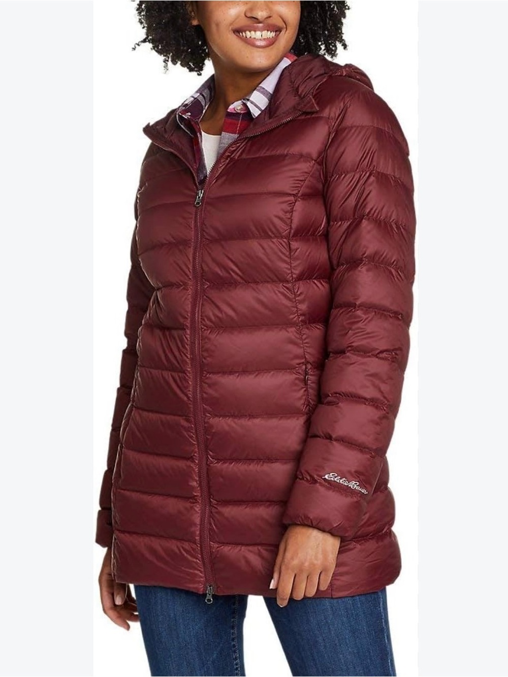 Eddie Bauer 650-fill down burgundy hooded long parka jacket, size petite Large